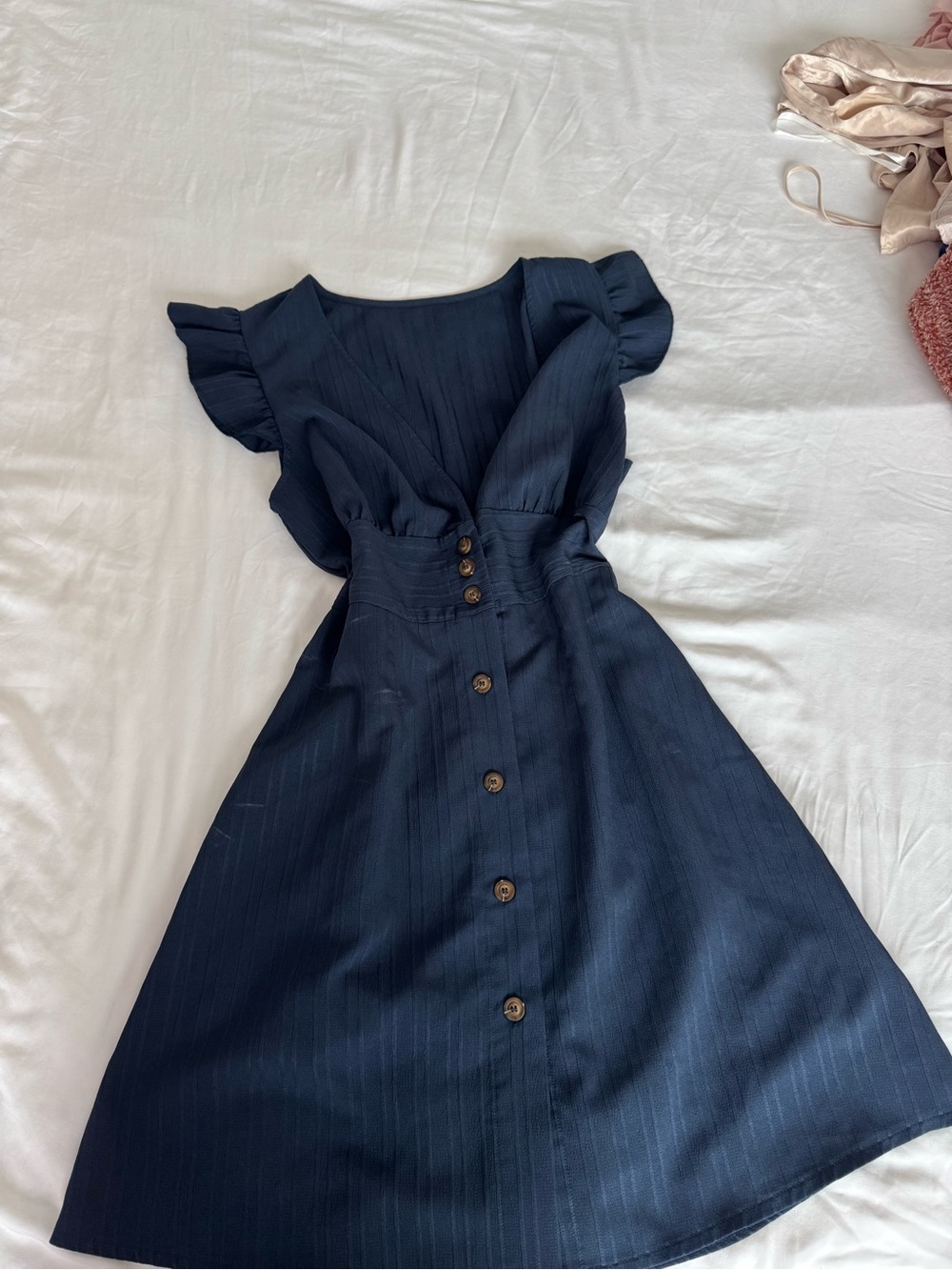 SHEIN Navy Button-Front Midi Dress with Flutter Sleeves